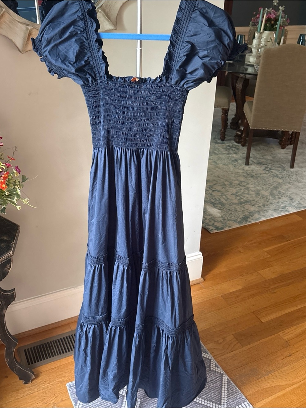 Tory Burch Smocked Puff-Sleeve Maxi Dress in Navy - Picture 6 of 11